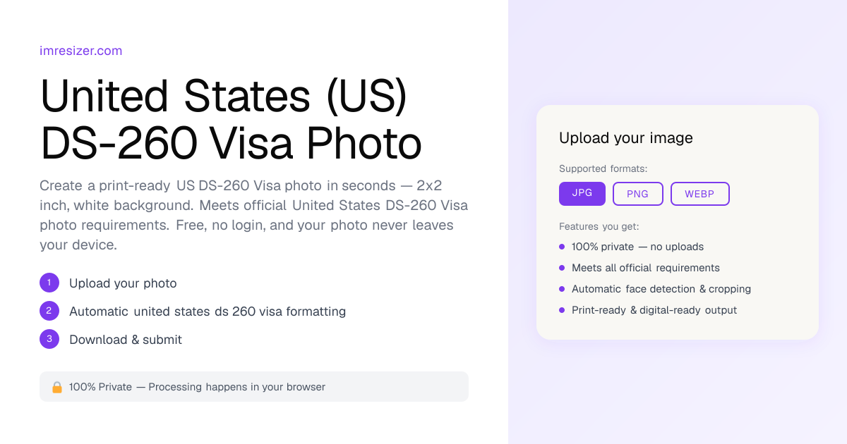 Free United States DS-260 Visa Size Photo Resizer - 2x2 inch